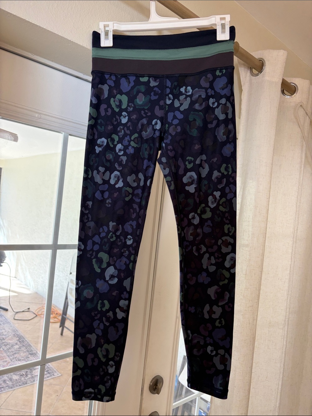 Athleta Black Leopard Print Leggings with Dark Green Waistband